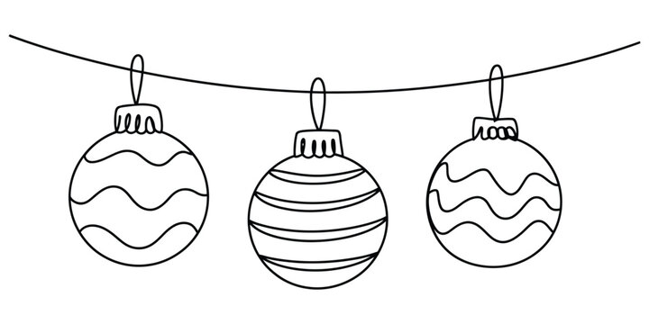 Three simple line art christmas ornaments hanging on a string