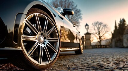 Luxury car wheel on cobblestone street at sunset