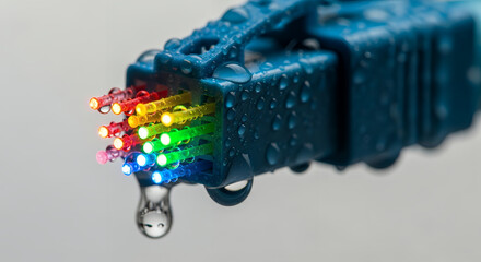 Close up of a wet blue ethernet network cable connector with colorful wires and dripping water droplets symbolizing connectivity and data flow