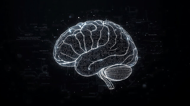 Digital brain with code on black background showcasing artificial intelligence technology and innovation - Powered by Adobe