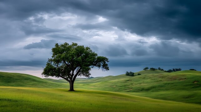 Lonely tree on rolling hills, dramatic sky, serene landscape, nature's tranquility