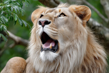 Majestic Lion Roaring with Open Mouth in Nature