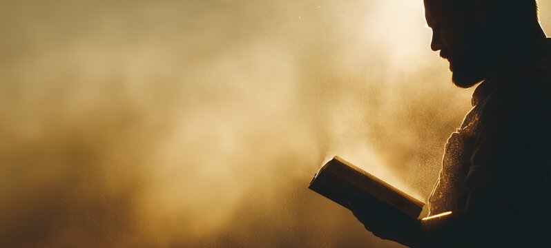 Silhouette of a bearded man reading a book illuminated by warm, golden light and floating dust parti