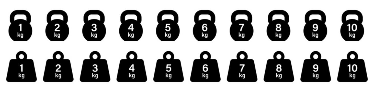 Set of kettlebell and weight icons from 1 kg to 10 kg used in fitness, gym, workout, exercise, and training equipment. Icons, vector, illustrations, symbols.