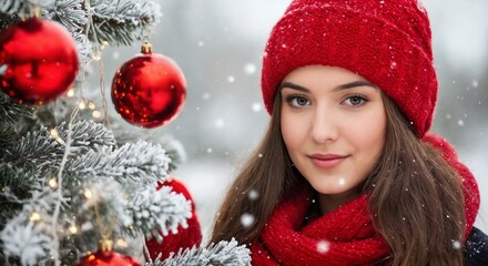 Young woman with red scarf and hat near decorated Christmas tree in snow