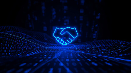 Digital handshake on binary code background signifying partnership and trust in the modern digital era