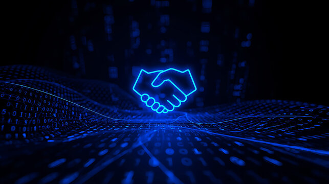 Digital handshake on binary code background signifying partnership and trust in the modern digital era