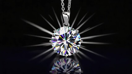closeup brilliant round-cut diamond solitaire attached to a delicate chain necklace on black background - Powered by Adobe