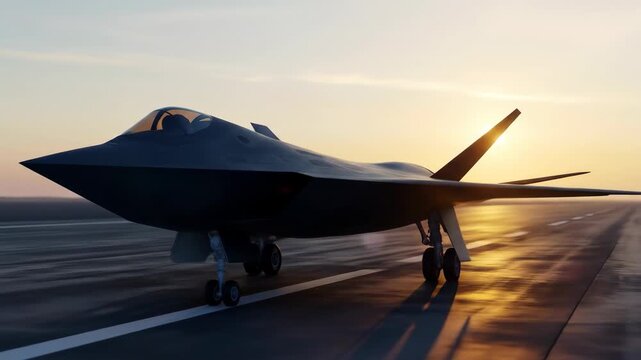 Advanced stealth fighter jet on runway at sunrise