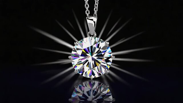 closeup brilliant round-cut diamond solitaire attached to a delicate chain necklace on black background