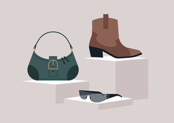 A creative arrangement of Y2K fashion items on sleek podiums displays a chic handbag, trendy sunglasses, and fashionable boots, embodying modern style and sophistication in a minimalist environment