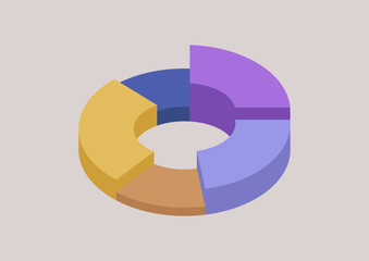 This 3D round diagram features five colorful segments, each representing distinct data components, designed in a clean and modern manner, suitable for visual presentations and analysis