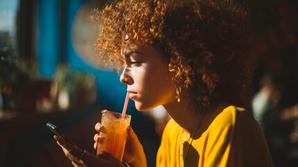 A young woman with vibrant curly hair sips a refreshing cocktail, illuminated by warm sunlight, whil