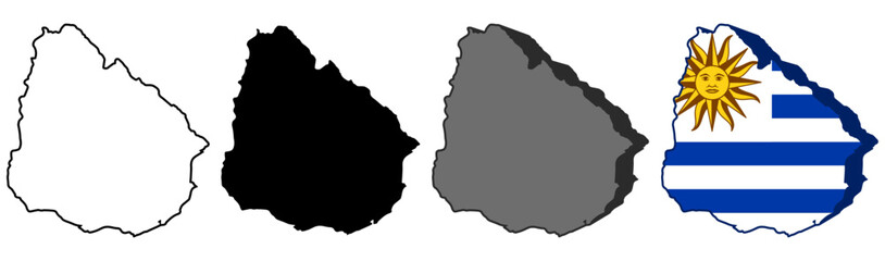 Fototapeta na wymiar set Uruguay flag in map icon. Detailed Uruguay map silhouette. 3D isometric Uruguay map symbol design template illustration