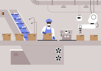 In a lively factory, workers and machines collaborate to package products efficiently, An assembly line showcases a worker sealing boxes while a robotic arm assists nearby.