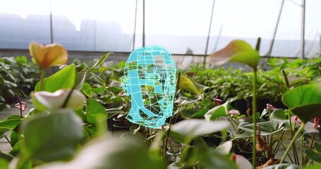 Naklejka premium Hovering cyan 3D wireframe head floating above greenhouse potted plants with pink anthuriums