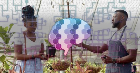 Examining woman in white and man in apron holding potted plant at nursery, brain-circuit overlay