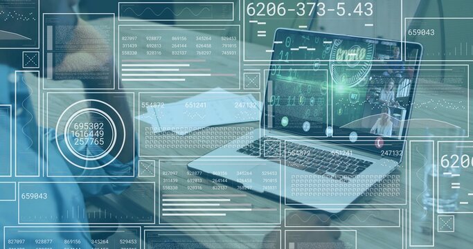 Showing laptop running conference call at office with HUD overlays keys glass cup team in blazers