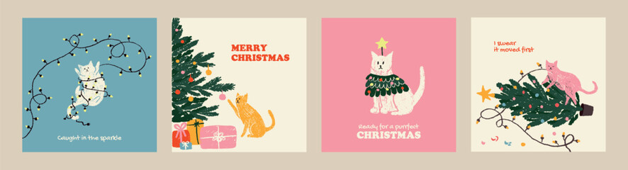 Funny posters collection with Christmas cats. Cute hand drawn holiday cards with playful kittens and christmas trees