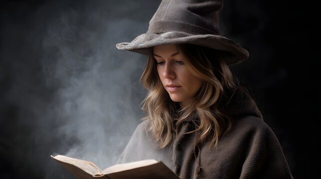 A woman dressed as a witch wearing a pointed hat and cloak reads an ancient spellbook with magical mist swirling around her - Powered by Adobe