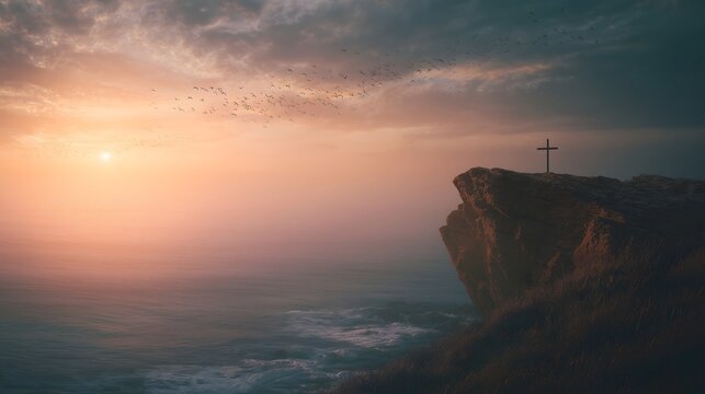 Serene sunrise over a misty ocean, with a solitary cross silhouetted on a rugged cliff.