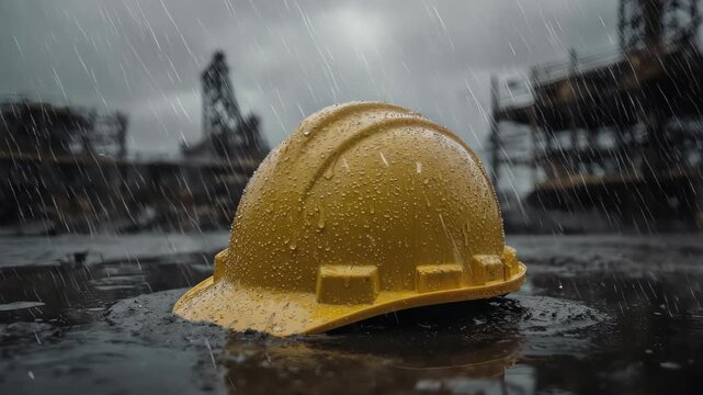 Close-up shot of a yellow construction helmet sitting in a puddle of water during a rainstorm.