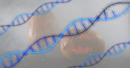 Fototapeta premium Glowing two carved pumpkins casting warm glow on tabletop, surrounded by blue DNA helixes, cyan fog