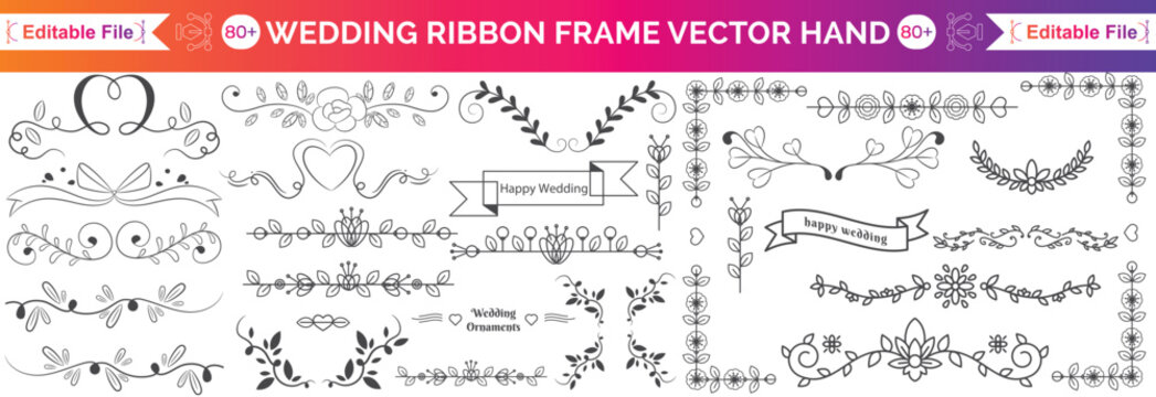 Wedding ribbon frame, doodle watercolour bow border set, vector hand drawn holiday invitation design. Coquettish girly wavy line print, birthday greeting minimalist cute decor. Elegant ribbon frame - Powered by Adobe