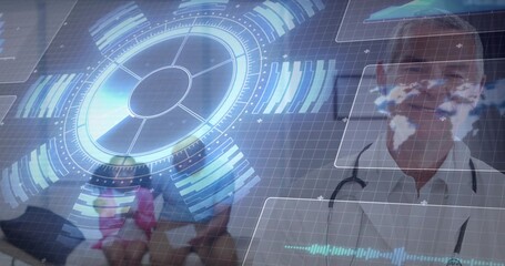 Showing circular hologram UI with radial data in room, family on tablet, doc white coat stethoscope