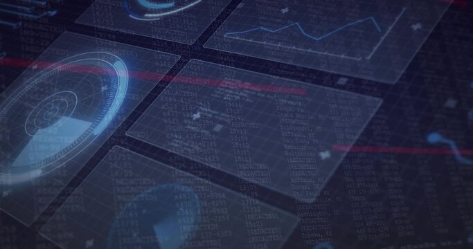 Displaying holographic dashboard centered on grid, showing translucent panels, radar HUD, red scan - Powered by Adobe