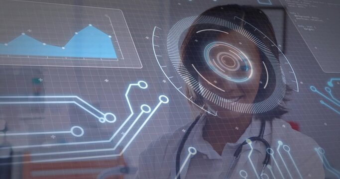 Studying woman in white lab coat examining holographic HUD in clinic, stethoscope visible