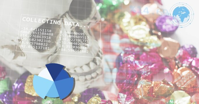 Displaying pale skull left-side in studio, showing data overlays and metallic wrappers, copy space