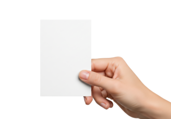 Hand holding a blank vertical business card or flyer mockup, isolated on white