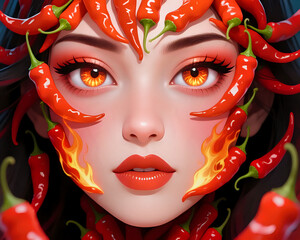Fiery chili pepper woman A surreal portrait of a woman with red chili peppers and flame designs on her face, symbolizing heat, passion, and fiery strength.