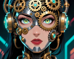Woman portrait A futuristic woman with mechanical gears and metallic headgear, blending human beauty and steampunk technology in a sci-fi cyberpunk style.
