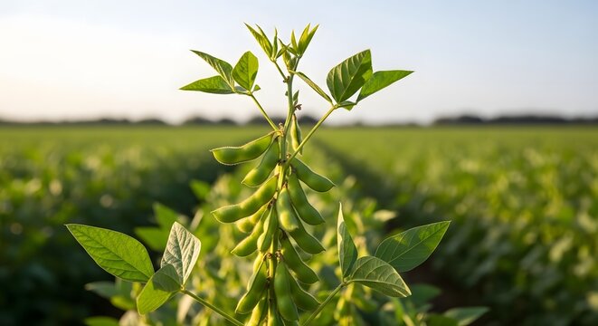 Close-up of green soybean pods on a plant in a sunlit agricultural field