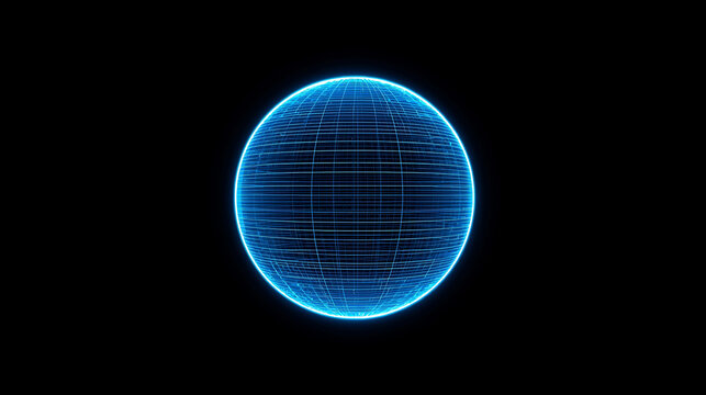 Futuristic digital earth globe with blue grid lines against dark backdrop for technology concepts