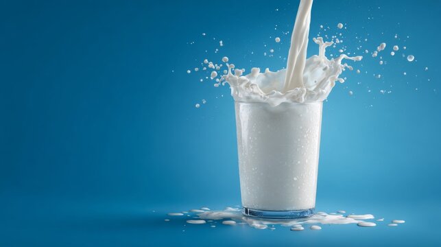 Fresh milk splash in glass on blue background