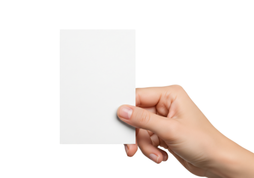 Hand holding a blank vertical business card or flyer mockup, isolated on white