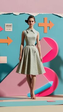 Vertical video: Rotating model in mint dress turning head side to side in art studio pastel arrows