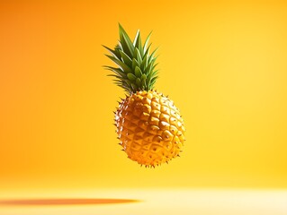 Ripe yellow pineapple suspended against a vibrant yellow background fruit