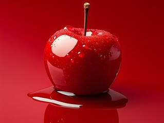 Wet red apple with stem and reflection on red surface fruit studio ads