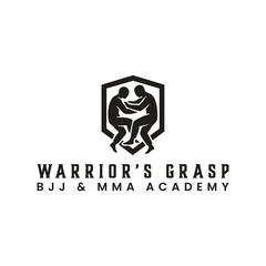 The modern monochrome emblem features two grappling figures within a bold geometric shield. It symbolizes the skill, defense, and intensity of Brazilian Jiu-Jitsu (BJJ) and mixed martial arts (MMA)