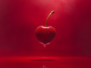 Single juicy red cherry with water droplets on stem glossy surface and drip