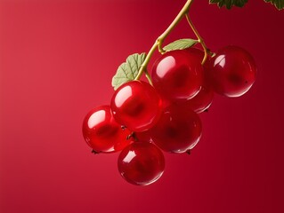 Redcurrants on a stem with leaves against a deep red background fruit studio
