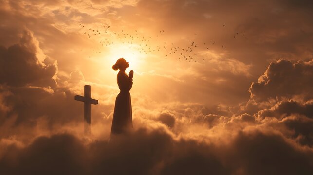 Silhouette of a woman praying at a cross amidst clouds with birds flying during a vibrant sunset.