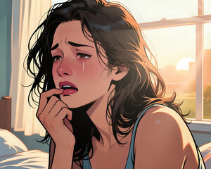 Sad woman crying A distressed woman with messy hair crying near a window, emotional and vulnerable, capturing feelings of sadness, heartbreak, or anxiety.