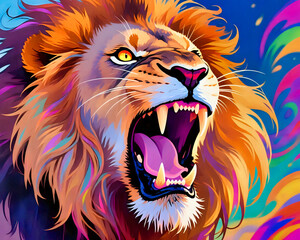 Colorful roaring lion art A vibrant digital illustration of a roaring lion with multicolored mane symbolizing strength, courage, and artistic expression.