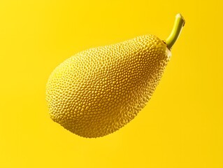 A single ripe jackfruit with textured skin against a bright yellow background