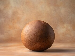 A textured brown sphere rests on a surface with a mottled background fruit